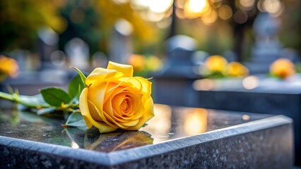 A yellow rose on a tombstone