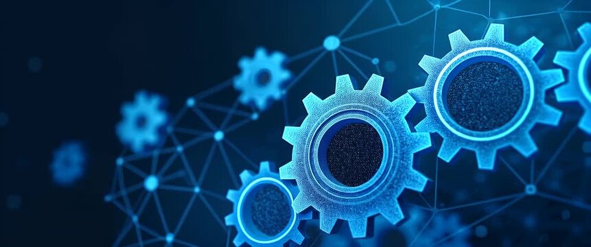 Blue gears rotate seamlessly as the camera gently pans across a futuristic digital landscape, with ambient network lights flickering, in a cinematic and technology-focused style.