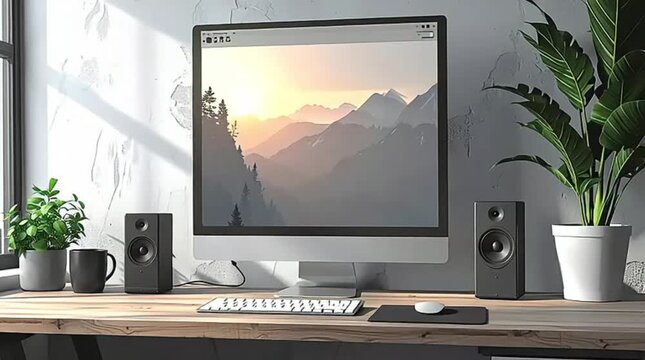A minimalist desktop computer setup features a large monitor displaying a scenic mountain sunset, flanked by speakers and potted plants on a wooden desk.