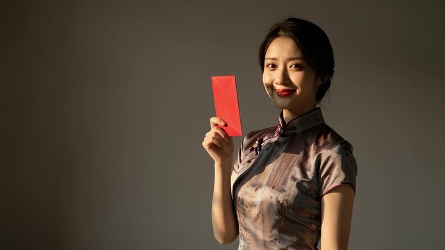 Elegant woman in qipao holding a red envelope