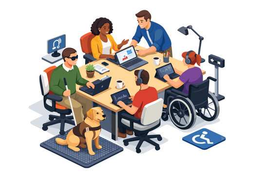 Diverse team collaborates in an inclusive office environment with assistive technology