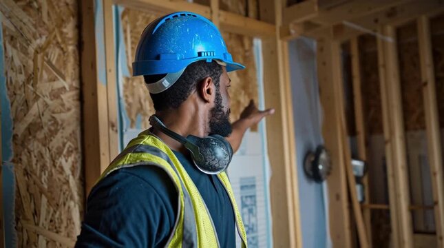 Confident construction worker with hard hat and safety vest smiles proudly while standing in unfinished home building interior framing lumber wood