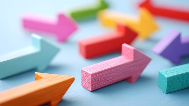 Colored wooden arrows converging on a textured blue surface, illustrating concepts of teamwork, direction, and shared goals.