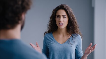 Young woman with curly hair expressing frustration during a conflict with a man, showcasing emotional tension and communication challenges in a neutral setting