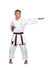 Martial arts practitioner in white karate uniform and black belt demonstrating straight punch technique