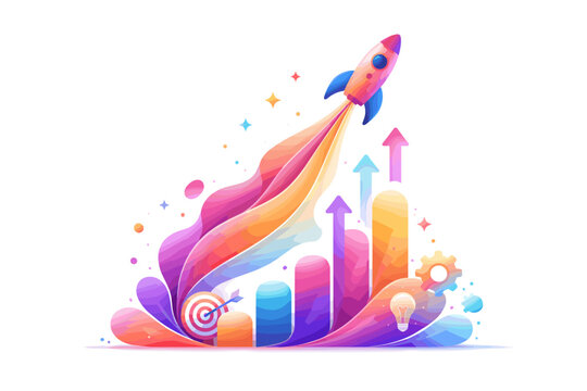 Rocket launch symbolizes business growth and achieving goals with colorful abstract elements