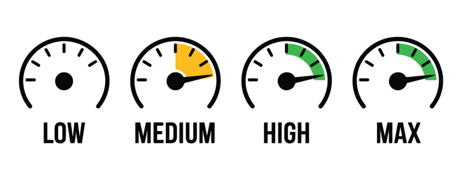 Analog speed level indicators set, featuring low, medium, high, and max dashboard gauge icons with colorful infographic dials, perfect for energy monitoring, power metrics, performance dashboards