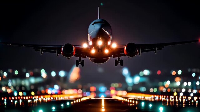 airplane taking off at night with city lights in the background.