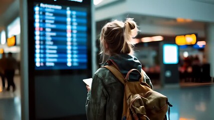 A woman with a backpack and a smartphone in an indoor setting, possibly an airport terminal. The woman is wearing a green jacket and has her hair tied up in a bun.