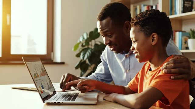 Father and son engaged in interactive learning with laptop displaying data analysis charts