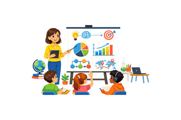 Teacher explains charts and graphs to attentive students in a bright classroom setting