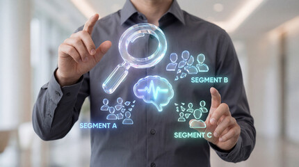 Man interacting with digital interface icons segments and magnifying glass