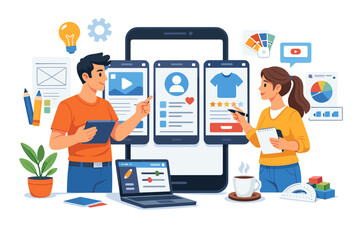 App developers collaborate on user interface design and functionality for mobile applications