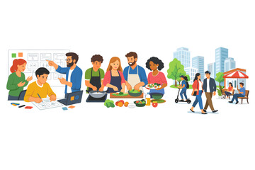 Diverse groups of people engage in various activities like planning, cooking, and urban leisure