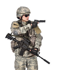 Soldier aiming weapon in tactical stance