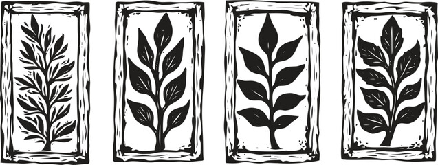 Black and white botanical illustrations four framed stylized plant leaves nature inspired wall art set