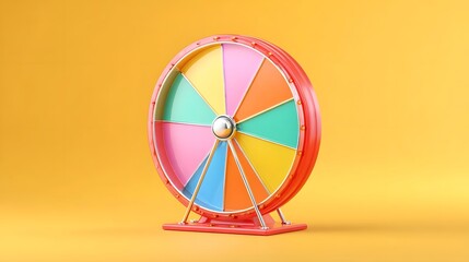 Obraz premium A bright, colorful, glossy 3D spinning wheel with segments against a plain yellow background, evoking a game show.