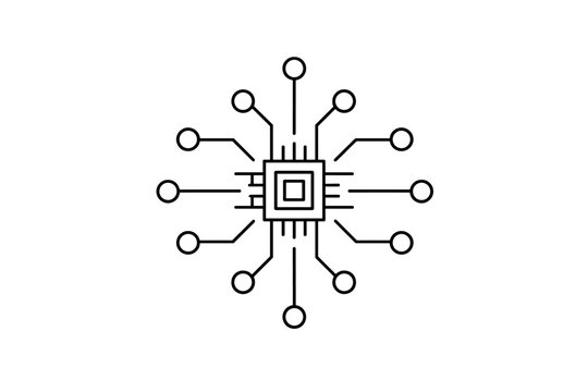 Central processing unit icon with radiating connections on a white background
