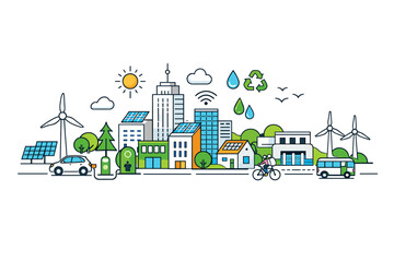 Fototapeta premium Modern eco-friendly city skyline with renewable energy and sustainable transport