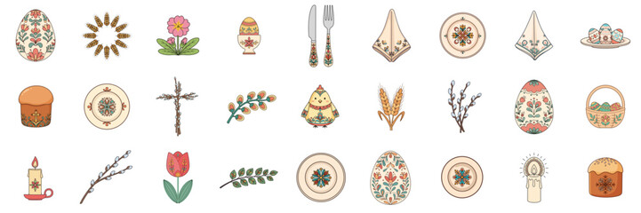 Easter Folk Style Icon Set with Traditional Symbols, Spring Holiday Elements and Hand Drawn Decorative Illustrations