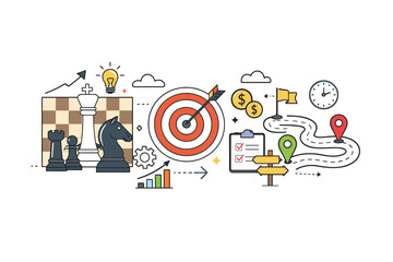 Strategic planning and goal achievement with chess, target, and roadmap elements