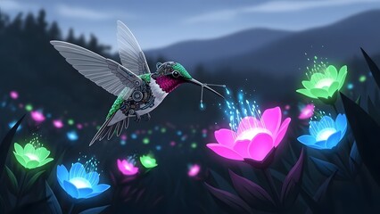 Fototapeta premium Hummingbird cyborg drinking glowing nectar from futuristic flowers in enchanted forest