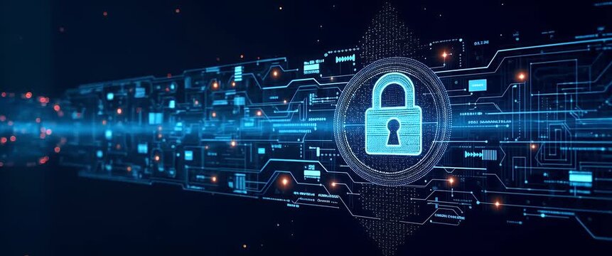 Futuristic digital lock hologram glows amid dynamic circuit patterns as the camera slowly pans, creating a cinematic view of cybersecurity technology and data protection systems.