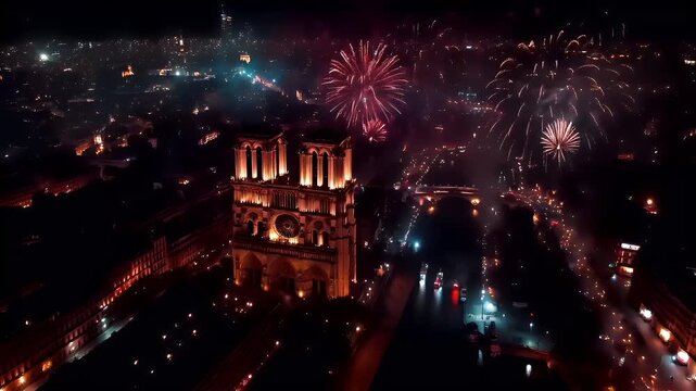 Aerial view of Notre Dame Cathedral during New Years Eve celebrations in Paris, France, with fireworks illuminating the night sky and surrounding buildings.