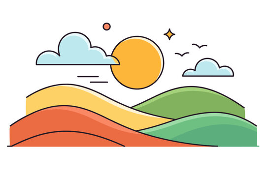 Stylized landscape with rolling hills, sun, and clouds in a flat design style