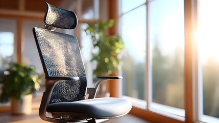 Ergonomic office chair with sharp mesh detail, illuminated by natural window light, promoting healthy posture.