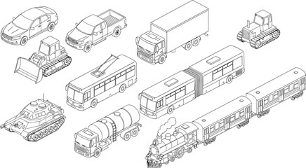 Isometric outline vehicles set including cars, trucks, buses, trains, construction machines, military tank, detailed transport line art illustrations for engineering, design, and educational projects © MEHEDI