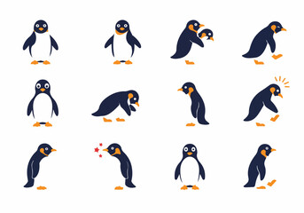 A diverse collection of cute cartoon penguin illustrations depicting various poses, actions, and emotions in a simple flat vector style.