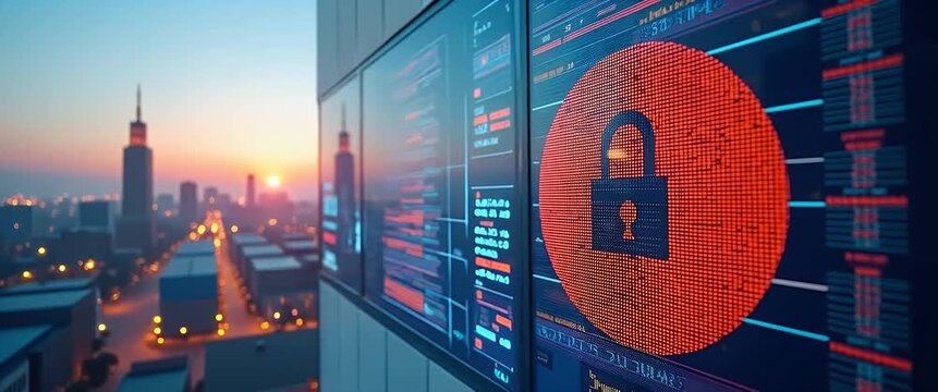 Dramatic sunset cityscape with digital lock icon glowing, conveying cybersecurity; camera gently pans across futuristic skyline as ambient city lights flicker, cinematic style.