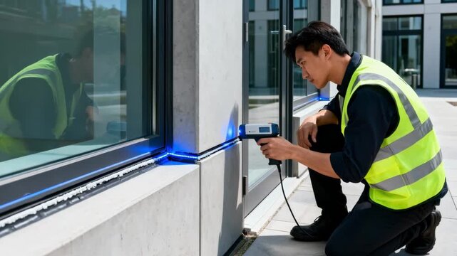 Inspector examines weatherproof seals around windows and doors with handheld sensors ensuring building envelope integrity and energy efficiency in urban architecture.
