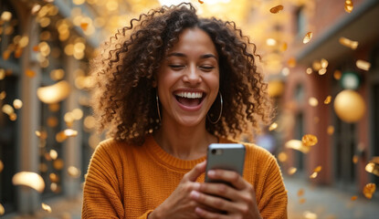 Young woman looked exited looking at her smartphone and was surrounded by gold confetti.