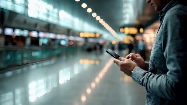 A man in a blue jacket is using a smartphone in a bustling indoor setting, possibly a train station or train station. The image is a closeup shot of the mans hand holding a smartphone.