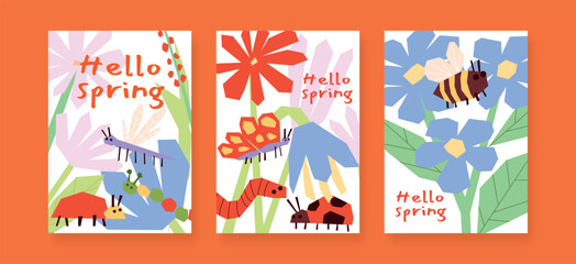 Set of Hello Spring cards, Cute Childish insects, Bee, Butterfly, Dragonfly, Ladybug, Caterpillar, geometric Doodle Flowers and Leaves, colourful Greeting Poster and Banner, Flat Vector Illustration © roze ultra