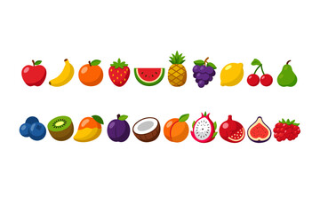 Collection of colorful cartoon fruits arranged in two rows on a white background