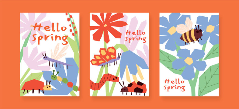 Set of Hello Spring cards, Cute Childish insects, Bee, Butterfly, Dragonfly, Ladybug, Caterpillar, geometric Doodle Flowers and Leaves, colourful Greeting Poster and Banner, Flat Vector Illustration