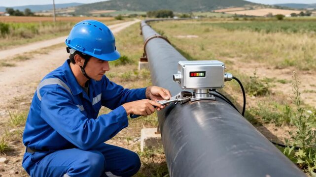 Medium shot of a technician installing advanced sensors on a rural pipeline to detect unauthorized siphoning and prevent theft attempts at remote locations.
