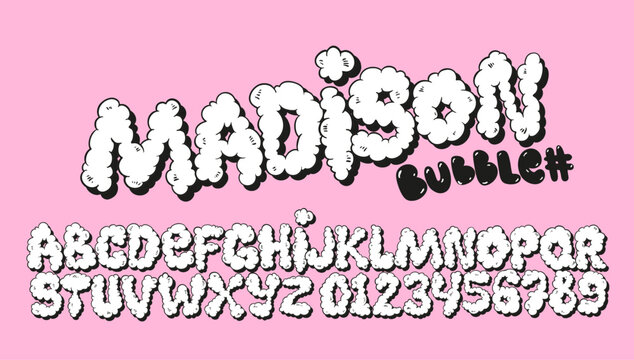 Bubble gum font design. Graffiti bubble alphabet set. Hand drawn balloon letters and numbers. Funky vector typeface