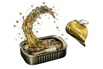 Sardines with Juice Splash on transparent background with the can open