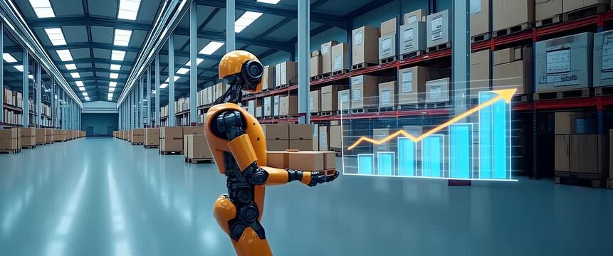 In a cinematic warehouse setting, a robotic assistant moves efficiently with a package, while the camera pans slowly, capturing dynamic growth charts and ambient light flickers.