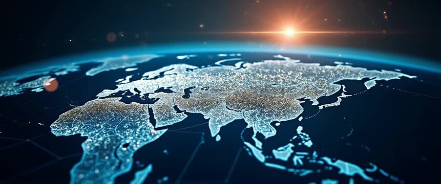 Cinematic view of Earth's illuminated network as digital data streams across continents; camera gently pans over the globe, enhancing connectivity and technology themes with ambient light flickering.