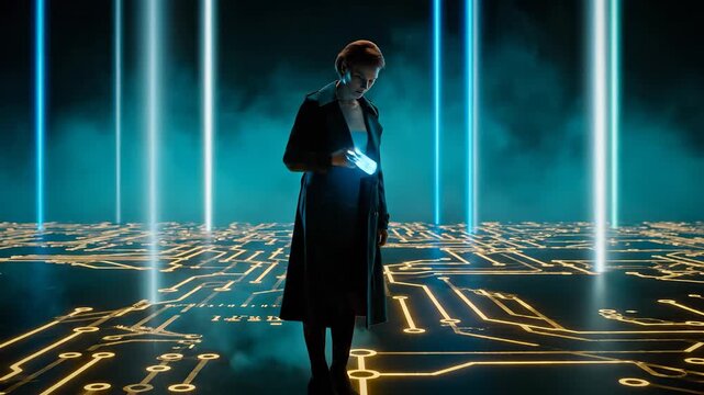 woman walk circuit board platform. technology network glows with data. artificial intelligence icons rise futuristic. figure studies illuminated motherboard pattern with calm focus. neon ambiance.