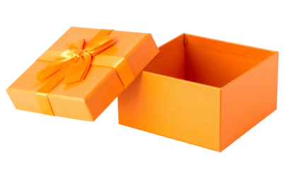 Orange gift box with open lid and bow, isolated on black background