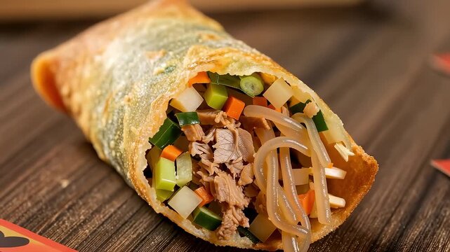 Close-up of crispy fried spring roll with colorful vegetable meat filling for Lunar New Year