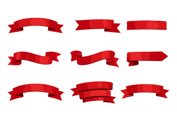 Collection of nine different red ribbon banners for design elements