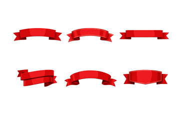 Collection of six different red ribbon banners for design and decoration