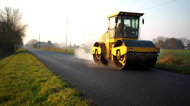 A large road roller compacts hot asphalt on a country road, with steam rising from the fresh pavement at sunrise